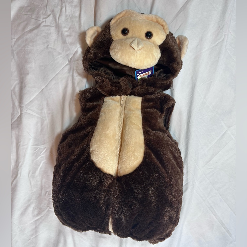 Monkey Costume- New Size 12M Hood With Ears, 1 Piece, Full Zip & Open Bottom